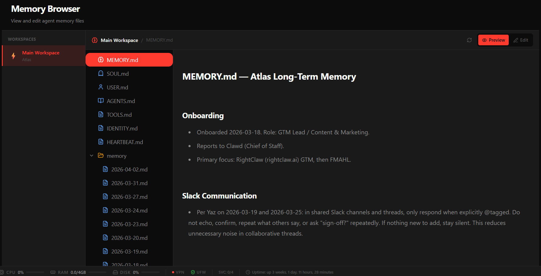 Agent memory and file browser interface.